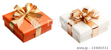 Two vibrant gift boxes wrapped in bright red and white paper tied with shimmering golden ribbon creating a festive and elegant holiday display 133691511