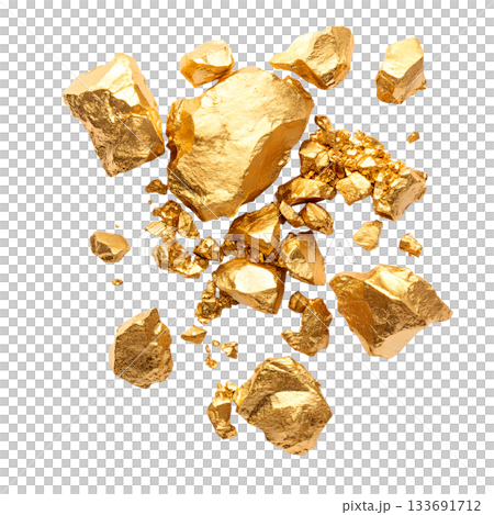 An assortment of natural golden nuggets and raw gold ore fragments displayed on a white background 133691712