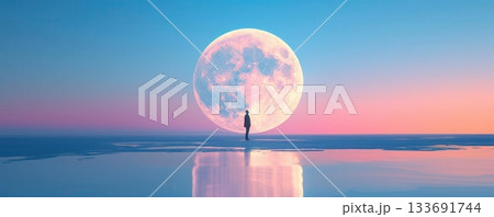 Silhouette of a person standing on a beach with a giant pink moon in the sky. Silhouette of a person standing on a beach with a giant pink moon in the sky. 133691744