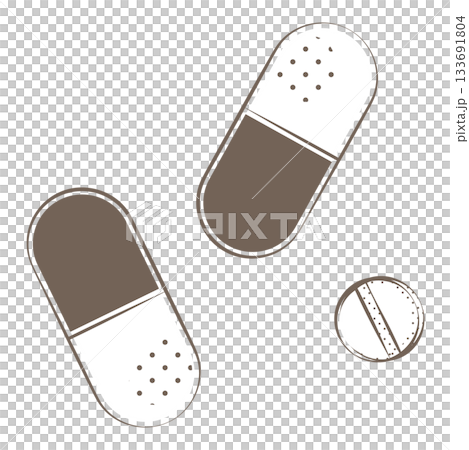 棕色線條繪製的藥品、膠囊和片劑插圖（花粉症/過敏藥物） 133691804