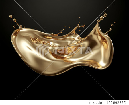 光をまとったリキッドゴールドが飛び散る漆黒背景──洗練されたラグジュアリーブランディング用背景素材 133692225