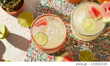 Cinco de Mayo clay mugs with tropical drinks, lime, pineapple and watermelon slices 133692320