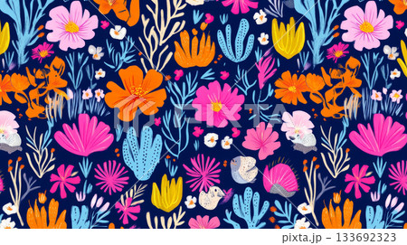 Mexican floral pattern with colorful wildflowers, cactus plants and rodents on dark blue background 133692323