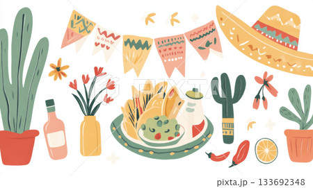 Cinco de Mayo festive elements with cacti, sombrero, and food illustrations Cinco de Mayo festive elements with cacti, sombrero, and food illustrations 133692348