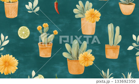Cactus plants in pots with yellow flowers, lime slices and leaves on teal background 133692350