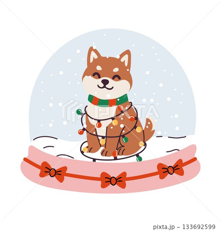 Shiba Inu in Snow Globe with Christmas Lights and Bow Base 133692599