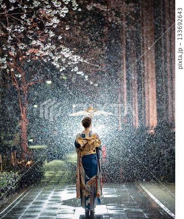 日本 和 着物 夜景 桜 133692643