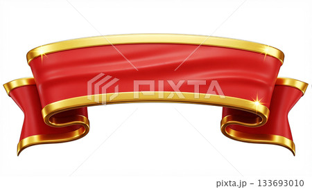 高級感のある赤と金のリボンのバナー素材　タイトルの背景やセール等の見出しに使える3Dイラスト 133693010