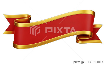 高級感のある赤と金のリボンのバナー素材　タイトルの背景やセール等の見出しに使える3Dイラスト 133693014