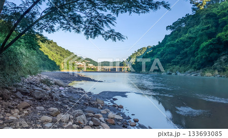 Mountain Stream and Bridge View in Wulai New Taipei City Taiwan at Dawn. 133693085