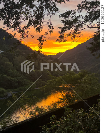 Wulai Taiwan Sunrise Reflection Orange River Mountain Frame. 133693127