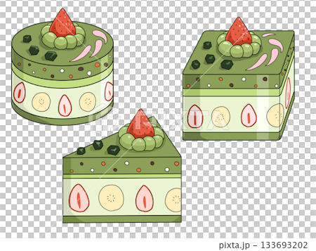 Illustration set of three types of matcha cakes (Matcha Sweets 18) 133693202
