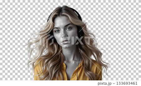 This image shows a woman wearing headphones 133693461