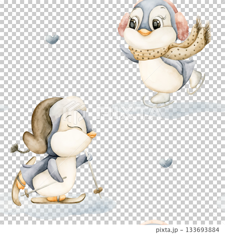 Cute Penguins Winter Fun Sports Seamless Pattern. Watercolor hand drawn illustration isolated on white background ski ice skates for north design Christmas holiday print baby cloth kids fabric nursery 133693884