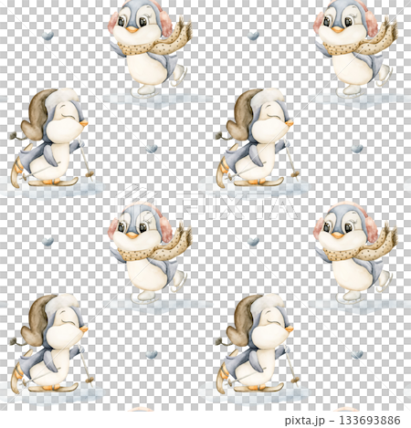 Cute Penguins Winter Fun Sports Seamless Pattern. Watercolor hand drawn illustration isolated on white background ski ice skates for north design Christmas holiday print baby cloth kids fabric nursery 133693886