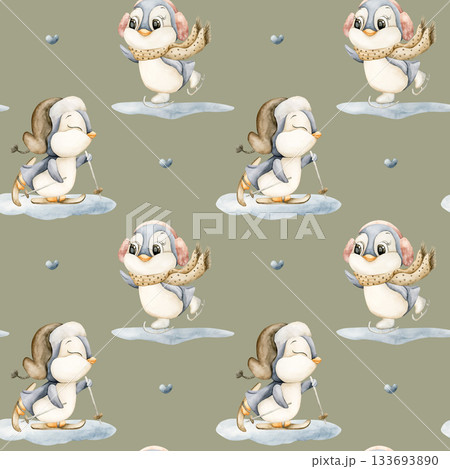 Cute Penguins Winter Fun Sports Seamless Pattern. Watercolor hand drawn illustration isolated on green background ski ice skates for north design Christmas holiday print baby cloth kids fabric nursery Cute Penguins Winter Fun Sports Seamless Pattern. Watercolor hand drawn illustration isolated on green background ski ice skates for north design Christmas holiday print baby cloth kids fabric nursery 133693890