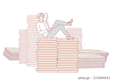 Happy businessman sitting on money stacks 133694031