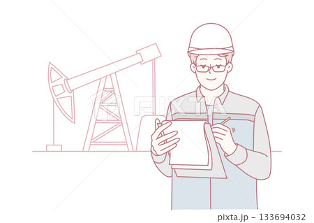 Technician with safety gear conducts detailed analysis of energy infrastructure for routine maintenance Technician with safety gear conducts detailed analysis of energy infrastructure for routine maintenance 133694032