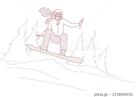 Happy woman snowboarding in mountains Happy woman snowboarding in mountains 133694038