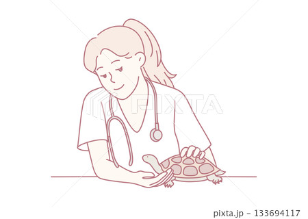 vet checks turtle, female vet examines small turtle, calm veterinarian inspecting turtle with care 133694117