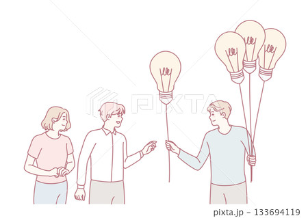 Man offer lightbulbs to people Man offer lightbulbs to people 133694119