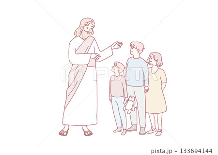 Smiling Jesus talking with kids in garden 133694144