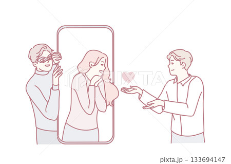 simple line drawing of virtual call featuring affectionate gestures and surprised expressions 133694147