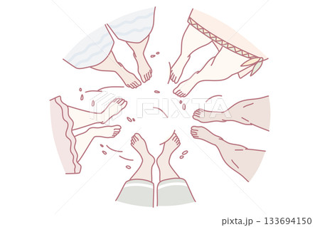 circle of underwear and bare legs, pastel illustration showing women friends exchanging panties during cozy laundry ritual, soft fabrics and varied skin tones, intimate supportive atmosphere 133694150