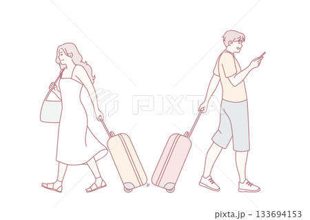 emotional parting between travelers at terminal, tense farewell as two travelers depart with luggage, couple shares emotional farewell at airport departure area while pulling suitcases emotional parting between travelers at terminal, tense farewell as two travelers depart with luggage, couple shares emotional farewell at airport departure area while pulling suitcases 133694153