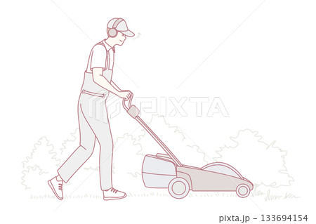 person cutting grass in wellkept garden, individual using mower to maintain neat outdoor landscape 133694154