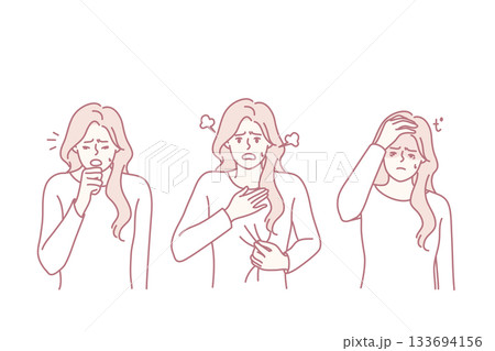 woman displaying sneeze cough and eye rub across three panels, sequence shows symptom progression from sneeze to coughing to eye irritation, seasonal allergy or cold scenario, soft 133694156