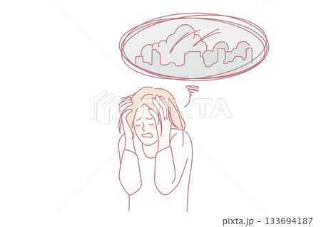 Unhappy woman stressed about rocket attacks on city 133694187