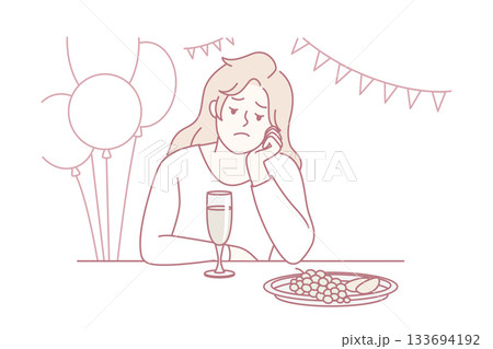 Solitary woman reflecting, Single woman contemplating amidst vibrant and lively party embellishments Solitary woman reflecting, Single woman contemplating amidst vibrant and lively party embellishments 133694192