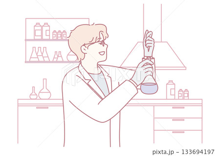 Knowledgeable woman researcher carefully operating laboratory glassware during experiments in sterile Knowledgeable woman researcher carefully operating laboratory glassware during experiments in sterile 133694197