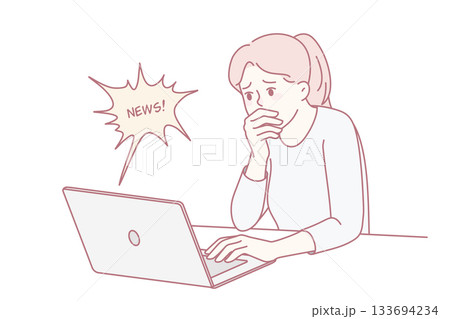 Stunned woman shocked by news on laptop Stunned woman shocked by news on laptop 133694234