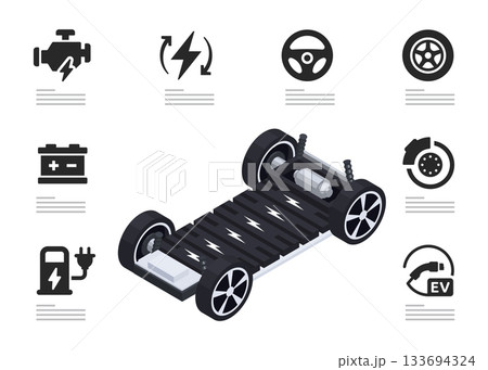 Isometric Electric vehicle chassis with batteries on white background 133694324