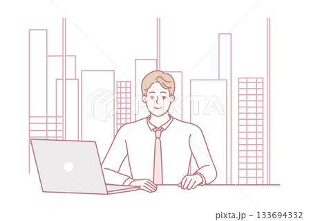 young caucasian businessman at laptop desk reviewing documents in downtown office skyline background, calm minimalist line-art illustration, tidy workspace with laptop coffee cup young caucasian businessman at laptop desk reviewing documents in downtown office skyline background, calm minimalist line-art illustration, tidy workspace with laptop coffee cup 133694332