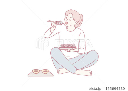 casual evening meal with chopsticks and bowls, young lady enjoying comfort food at home in cozy ambiance 133694380