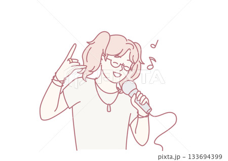 young person singing into microphone, sketch-style line art of aspiring pop singer practicing karaoke in cozy bedroom, ponytail and glasses, enthusiastic rock hand gesture, smiling young person singing into microphone, sketch-style line art of aspiring pop singer practicing karaoke in cozy bedroom, ponytail and glasses, enthusiastic rock hand gesture, smiling 133694399