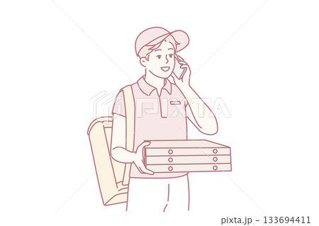 Deliveryman with pizza boxes calling client 133694411