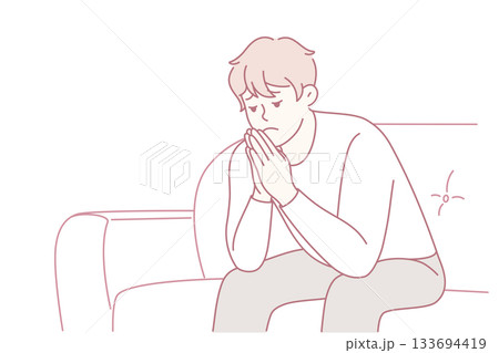 Stressed man resting, Overwhelmed individual seeks solace, Person displaying fatigue and tension in quiet room 133694419