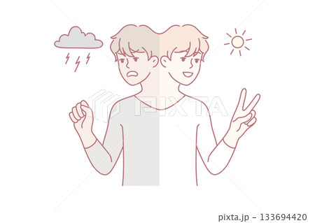 contrasting expressions illustrate inner conflict, visual metaphor for mental health fluctuations 133694420
