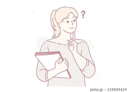young lady carefully analyzing alternatives and marking checklist items in creative setting 133694424