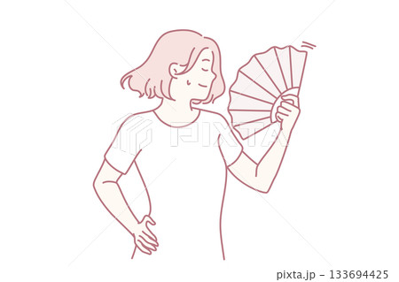 elegant figure with handheld fan, graceful stance embodying sophistication amidst warm summer ambiance elegant figure with handheld fan, graceful stance embodying sophistication amidst warm summer ambiance 133694425