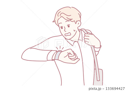 hurrying man with briefcase signs urgency, city traveler hurriedly glances at time during commute 133694427