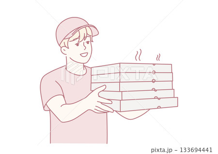 Smiling deliveryman with pizza boxes 133694441