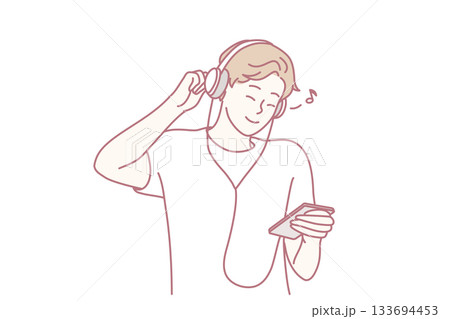 person discovers tranquility through melodies, quiet individual relaxes fully with gentle harmonic sounds, silent listener experiences deep serenity immersed in peaceful tunes 133694453