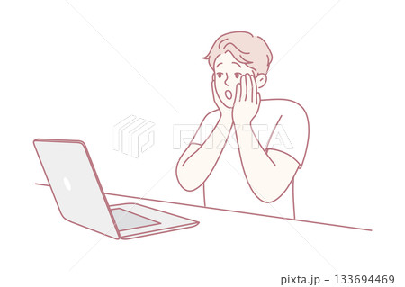 Surprise tech mishap, Someone shows alarm upon discovering urgent and unexpected problem on screen 133694469