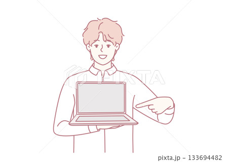 Business professional actively displaying application interface in modern workspace setting 133694482