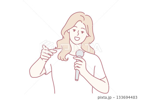energetic woman with microphone, vibrant female presenter capturing audience attention, lively female content creator delivering enthusiastic presentation to captivate viewers 133694483